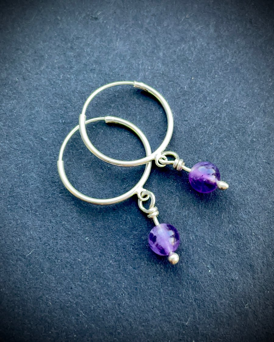Sterling Silver hoop earrings with genuine Amethyst dangly bead