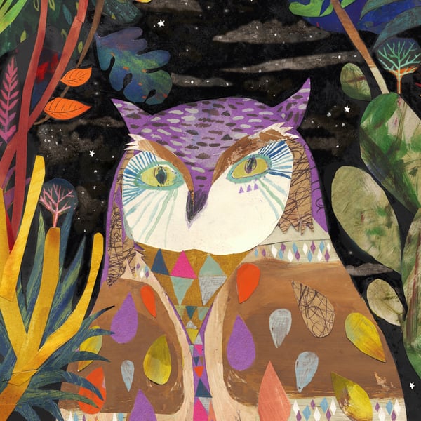 Illustration Art print, Owl art, An Owl in the Jungle (A3 11.69 in x 16.54 in)