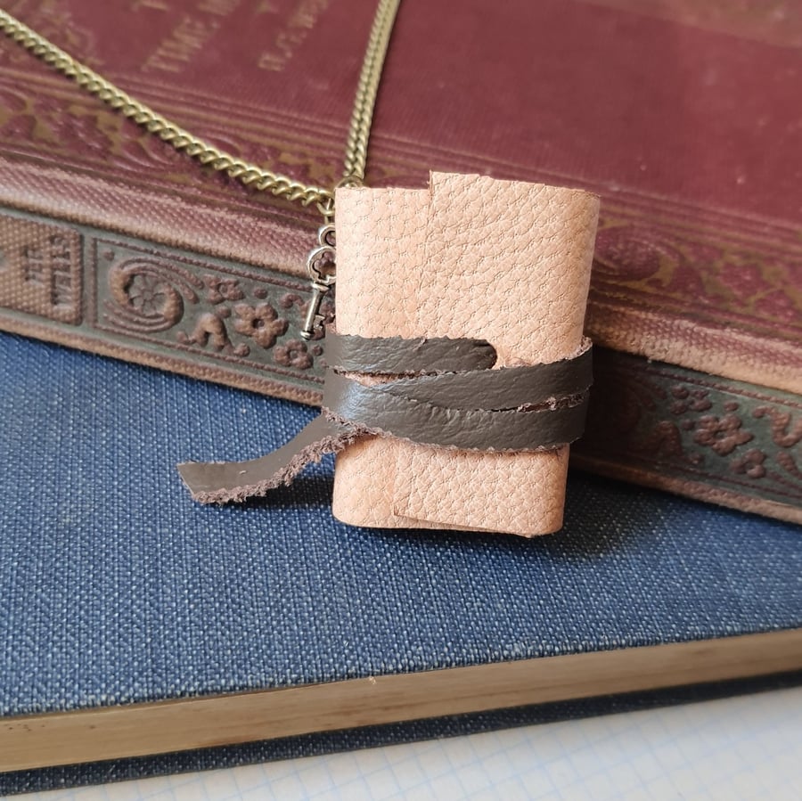 Peach leather book necklace with key charm