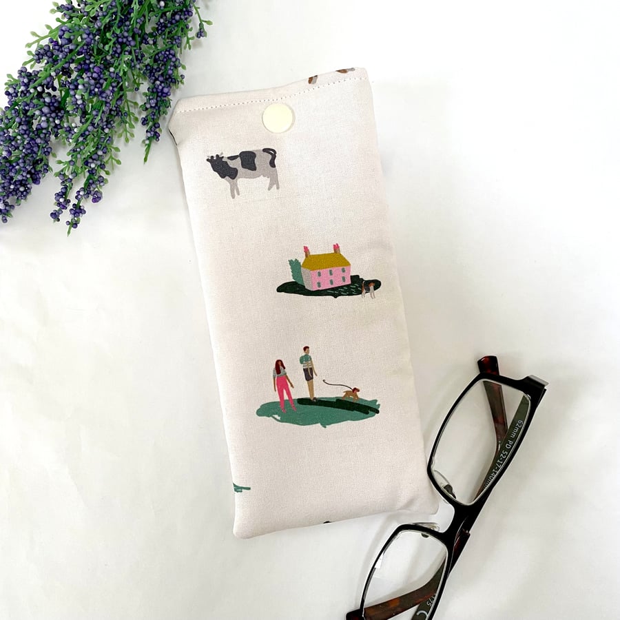 Glasses Case Soft Pouch Dog Walking Great Outdoors Fabric Lined with Popper
