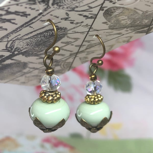 Green artisan glass and crystal earrings