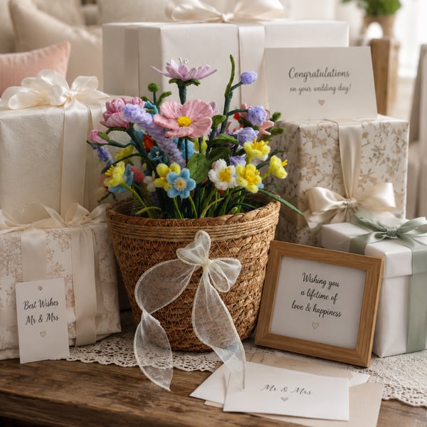 Wildflower Basket – Pastel Floral Arrangement Gift – Cottagecore Wedding Decor 