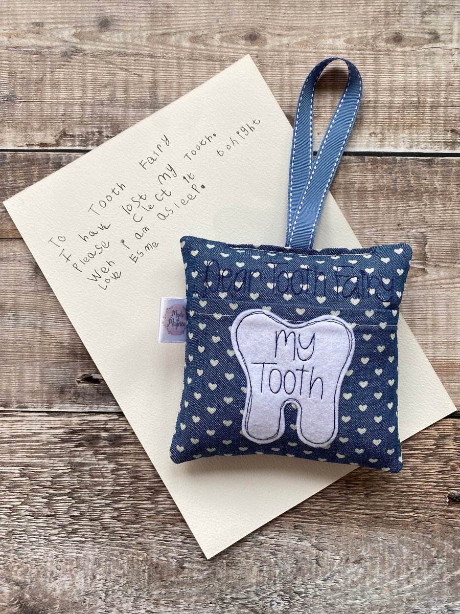 Tooth Fairy Pillow Cushion Denim Blue Cream Hearts - Folksy