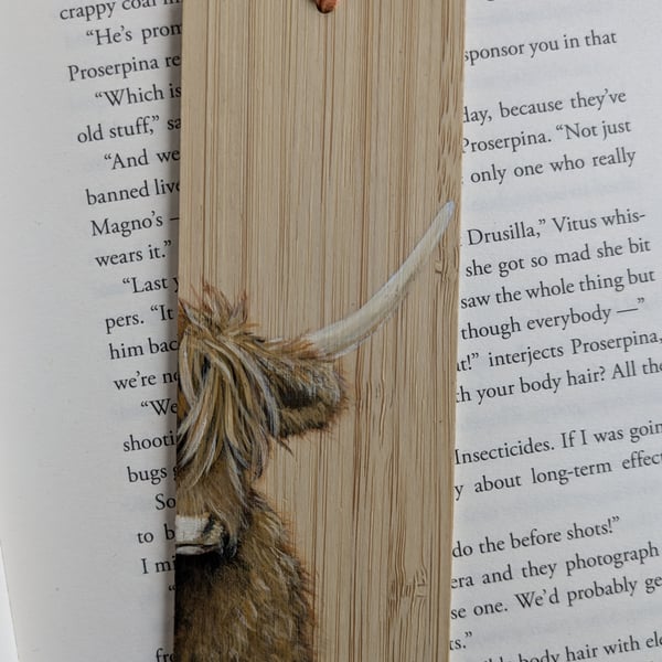 Hand Painted Bamboo Wood Bookmark, Highland Cow