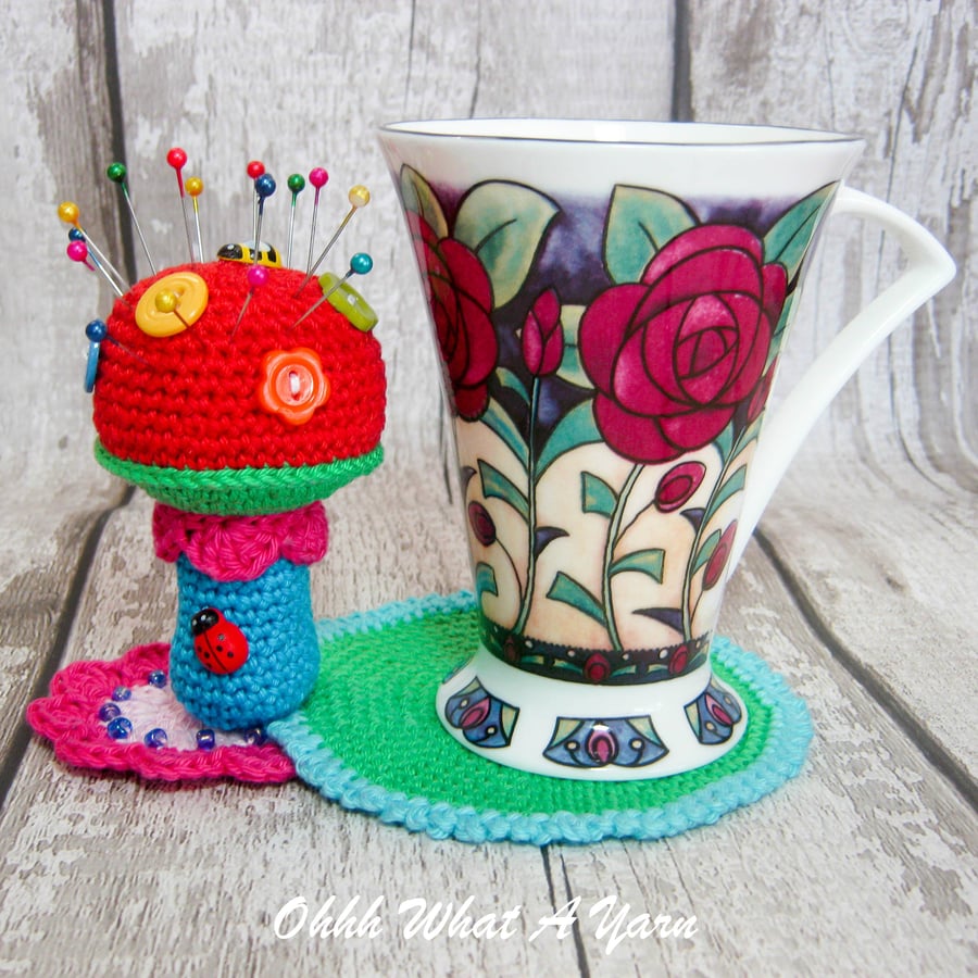 Crochet rainbow toadstool coaster. Toadstool pincushion. Crochet pincushion.