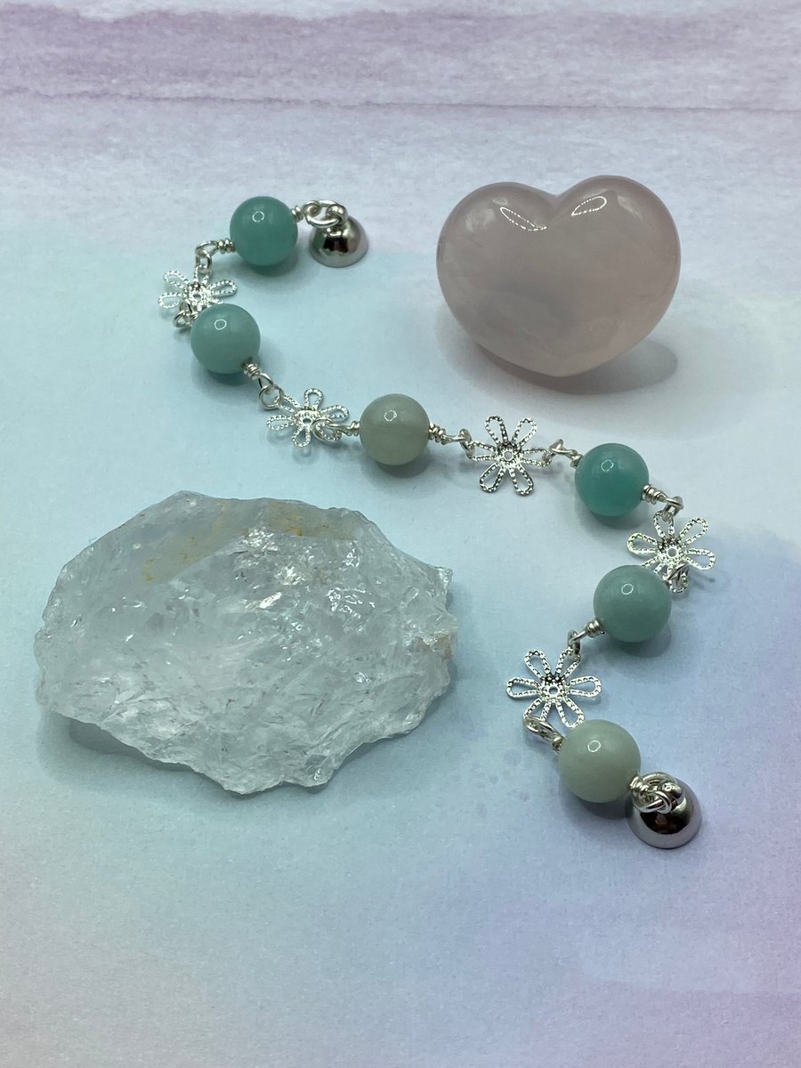 Amazonite stone rosary link bracelet with silver plated flower charms