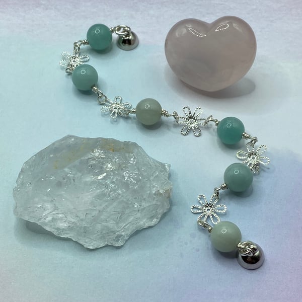 Amazonite stone rosary link bracelet with silver plated flower charms
