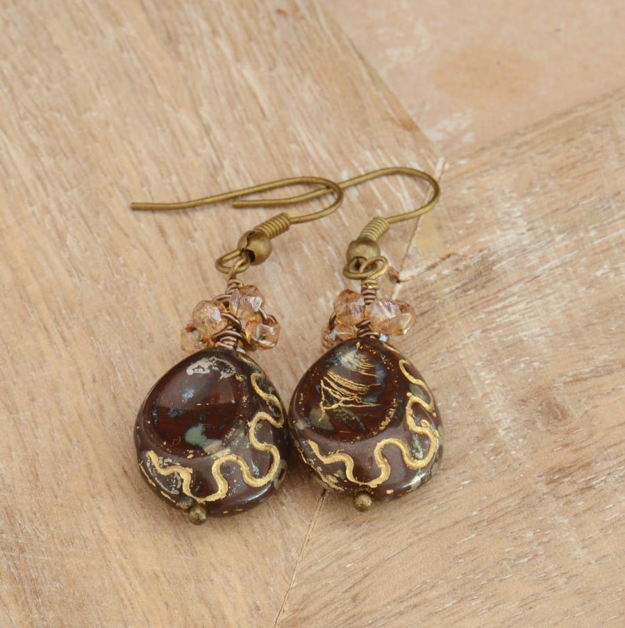 Dark Mahogany Czech Teardrop and Gold Czech Bead Earrings