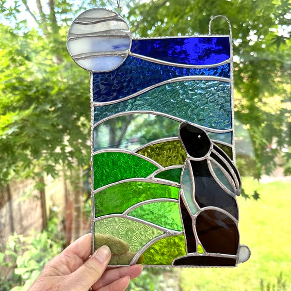 Stained Glass Hare Panel - Moon Gazing Hare - Window Decoration