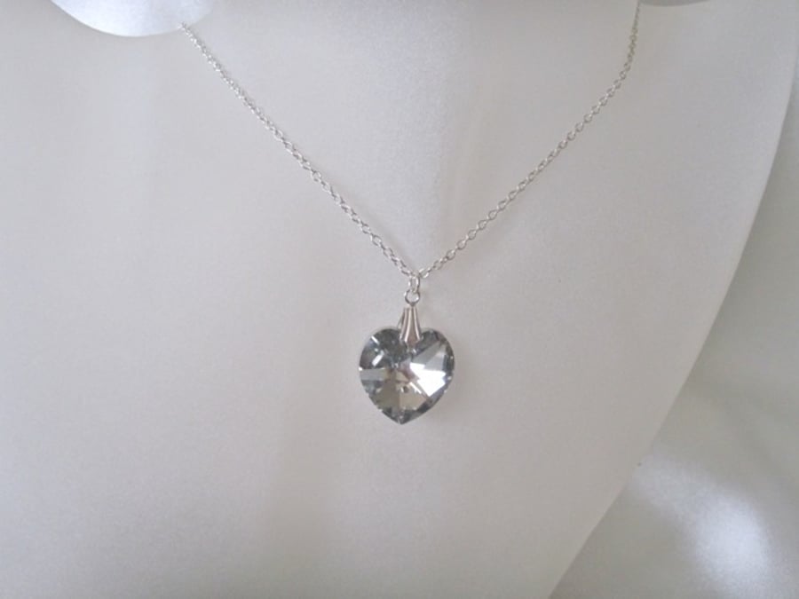 Sparkly Grey Preciosa Crystal Heart Pendant & Sterling Silver Valentine Necklace