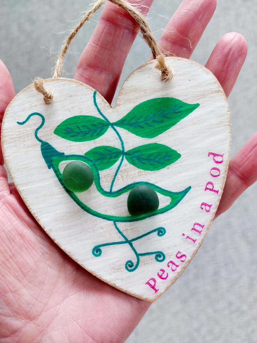 Sea Glass Peas in a Pod Heart Decoration - Green Hanging Ornament Quirky Gift