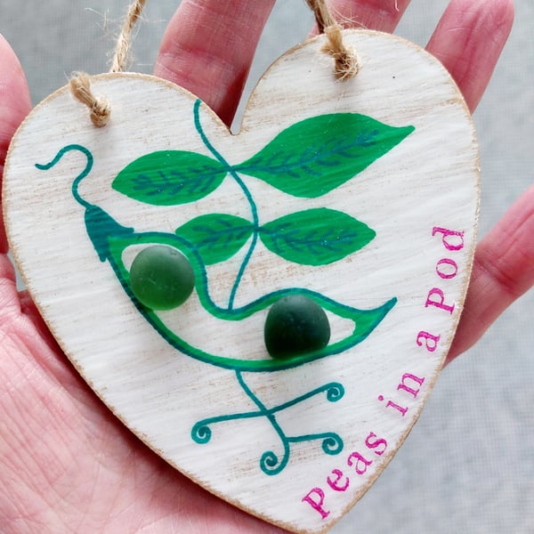 Sea Glass Peas in a Pod Heart Decoration - Green Hanging Ornament Quirky Gift