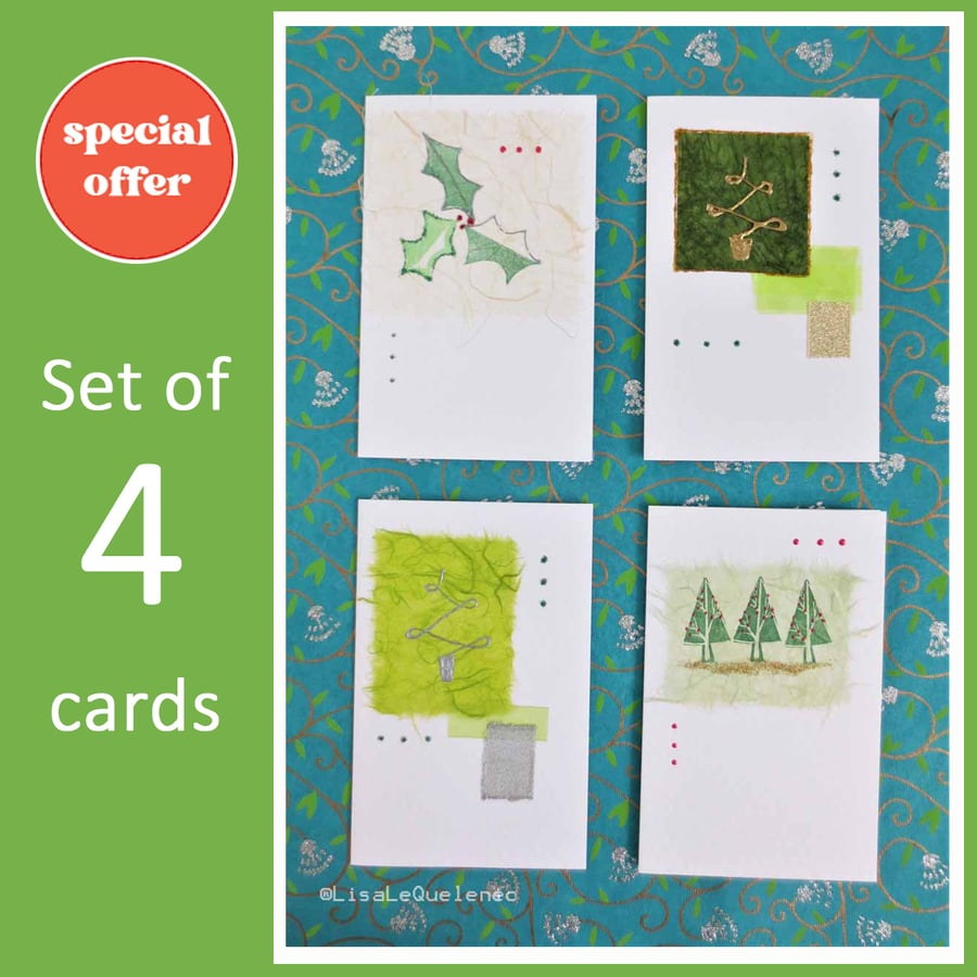 Four pack of handmade Christmas cards with trees and holly (e)