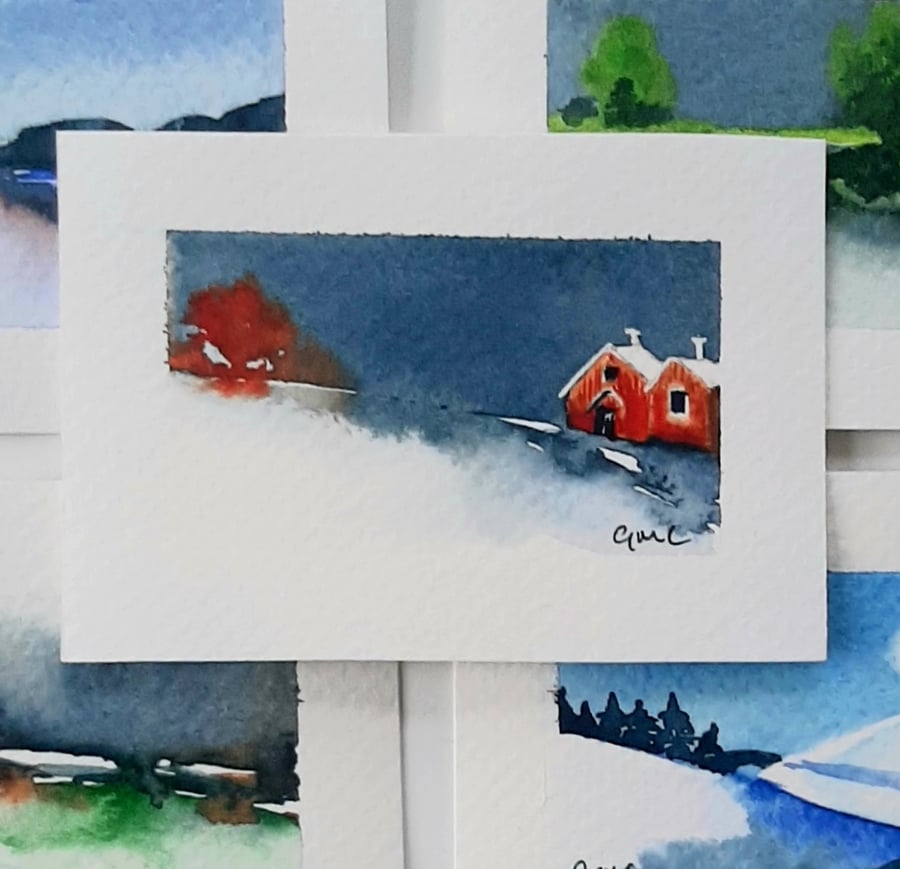 Handpainted ACEO Trading Card Of Red Barns. Scandi Style. Small Painting.