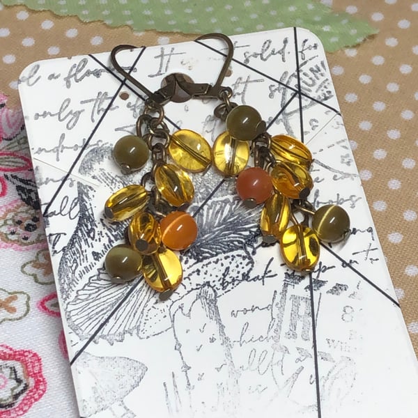 Harvest glass cluster  bronze earrings 