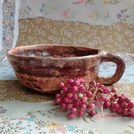 Tea cup mug,pinched pot earthenware ceramic,brown crackle glaze, rustic