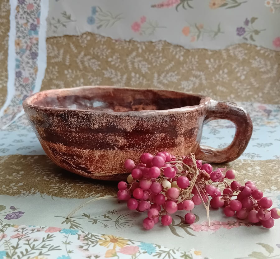 Tea cup mug,pinched pot earthenware ceramic,brown crackle glaze, rustic