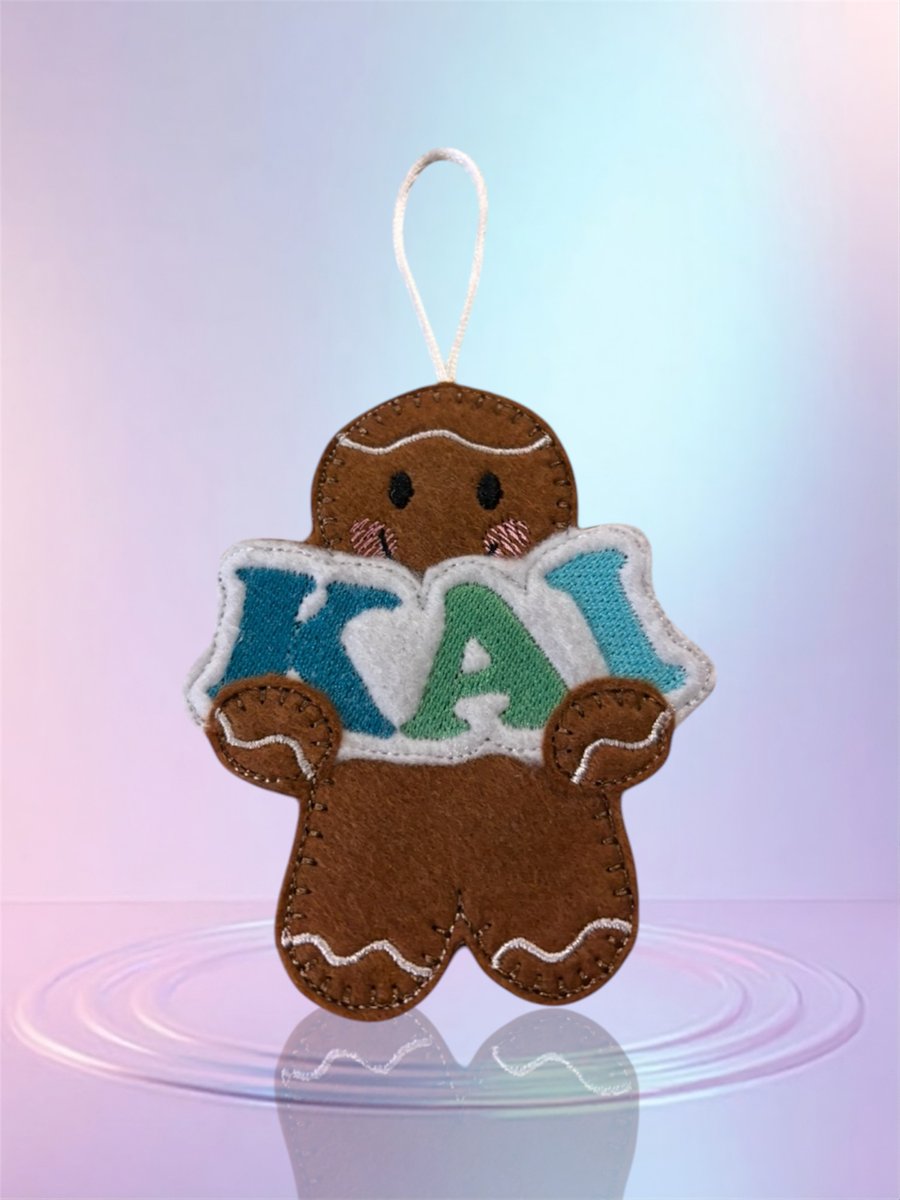 Personalised gingerbread man with name Kai Embroidered Hanging Keepsake