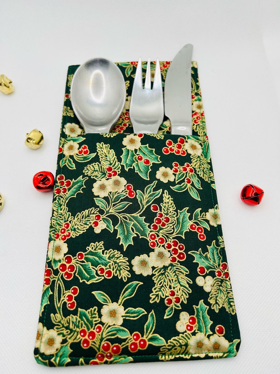 Cutlery Holder for Christmas Dinner Table Lovely Metallic Fabric Place Setting 