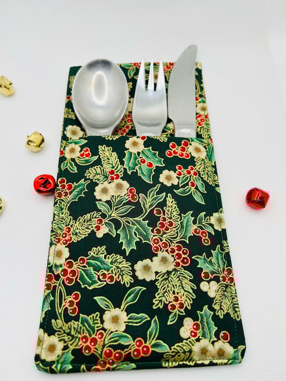 Cutlery Holder for Christmas Dinner Table Lovely Metallic Fabric Place Setting 