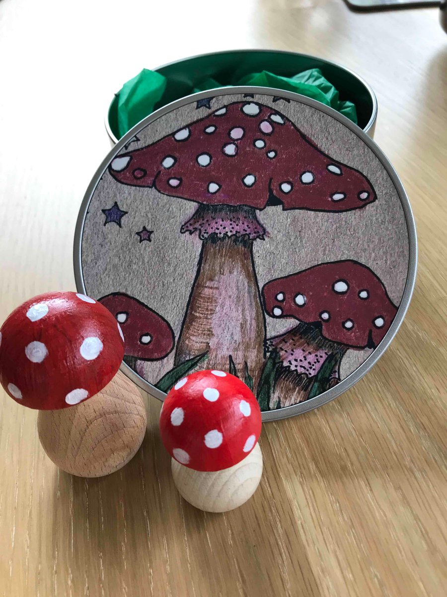 Round metal box-toadstools-printed top-hand painted-wood toadstools 