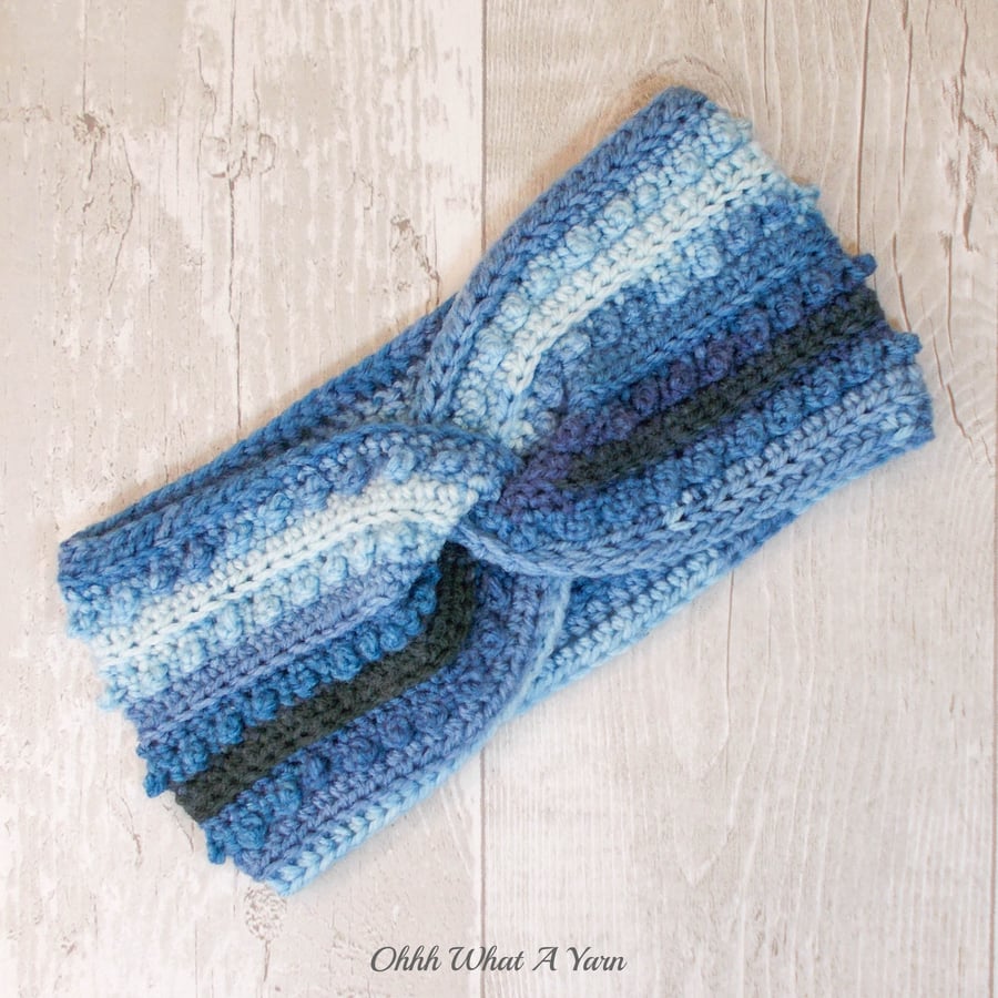 Crochet headband, ear warmer. Blue ombre twisted ear warmer. Blue headband.