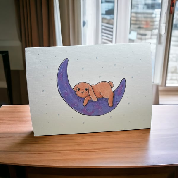 ‘Lunar dreams’ rabbit art greetings card without cloud version 