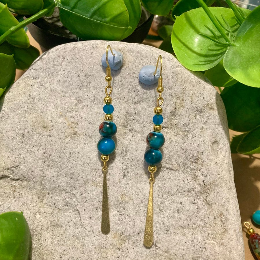 Gold Boho Earrings with Vibrant Ocean Beads & Dangle Charm - Drop 2”