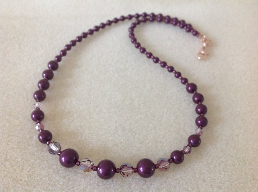 Blackberry maroon pearl and crystal rose gold necklace