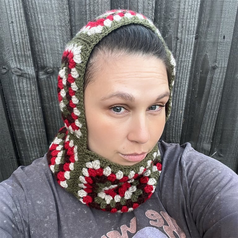 Handmade Crochet Granny Square Balaclava Hood - Winter Hooded Cowl in Green