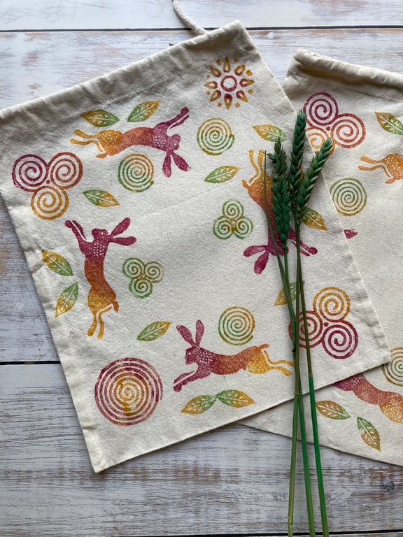 Small Block Printed Drawstring Bag Solstice Hare