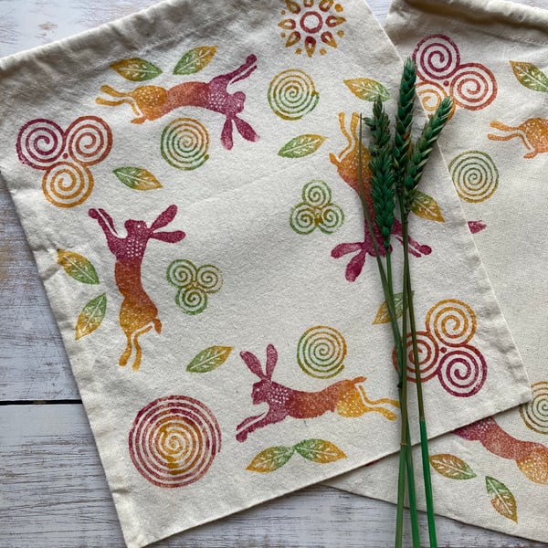 Small Block Printed Drawstring Bag Solstice Hare