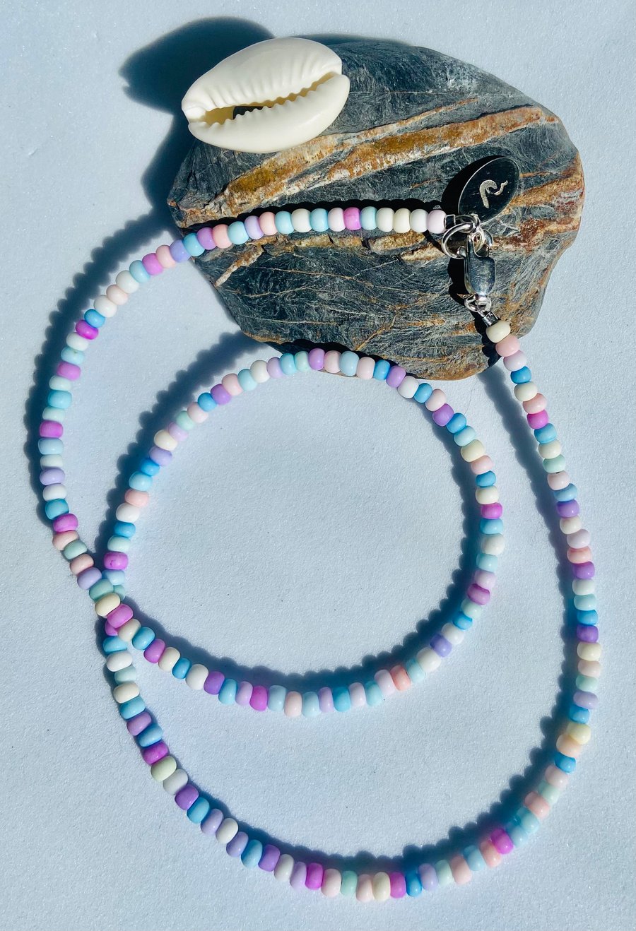 Pastel Rainbow Czech Glass Seed-Bead Necklace with Sterling Silver Detail