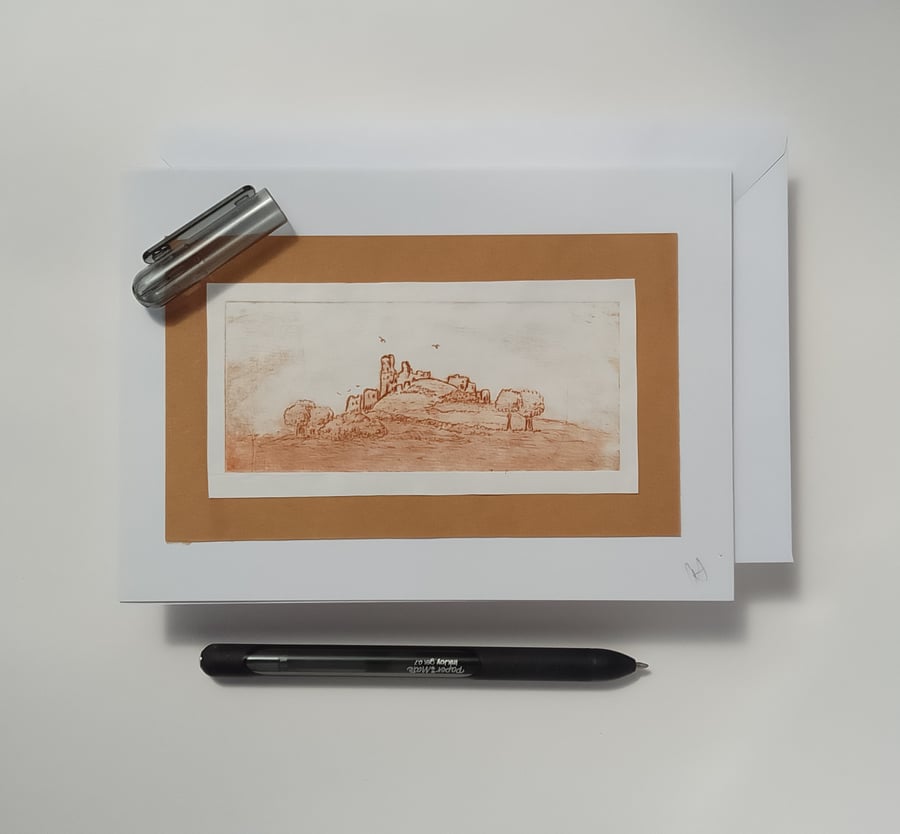 Handmade blank card corfe castle 