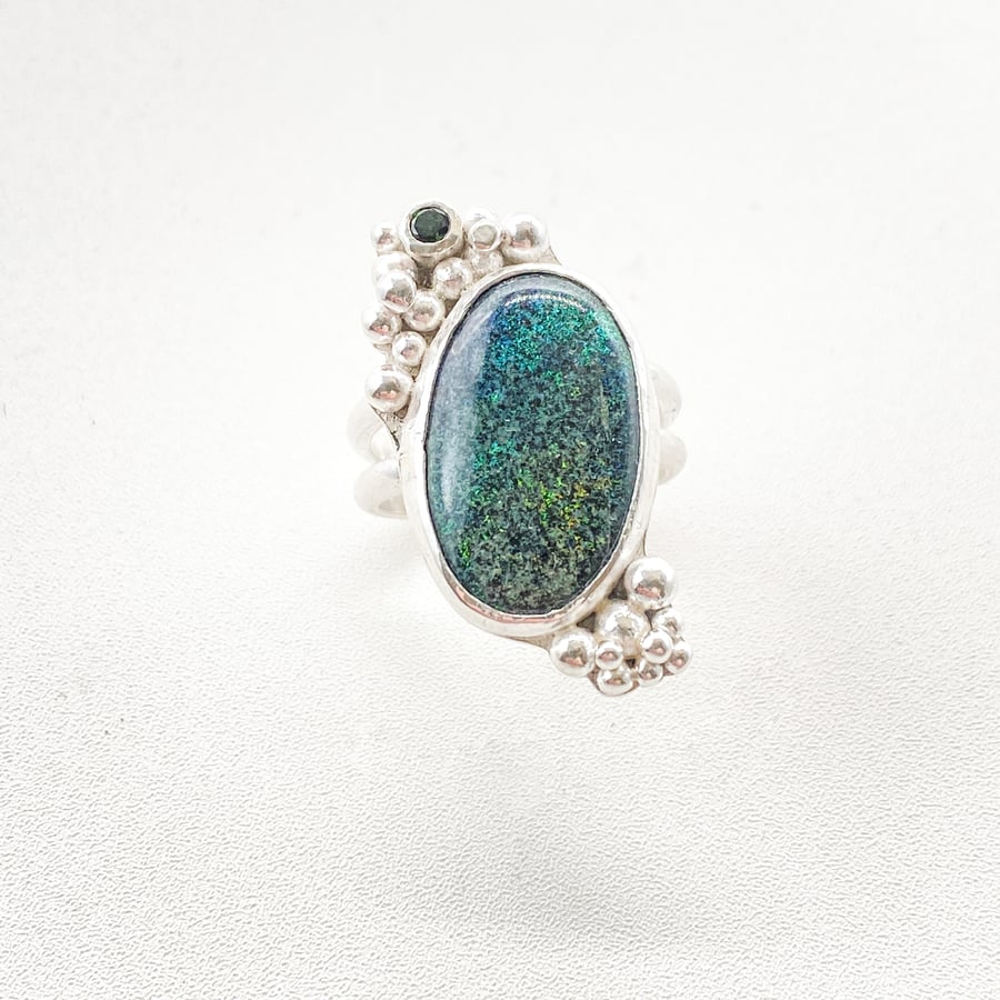 Opal and Tourmaline Silver Granulation Cocktail Ring