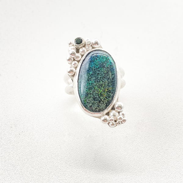 Opal and Tourmaline Silver Granulation Cocktail Ring
