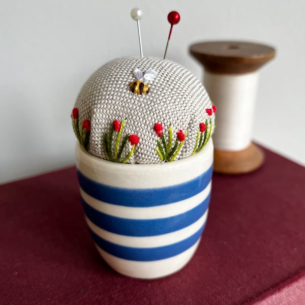 Pin cushion - old striped egg cup - embroidered with bee and flowers