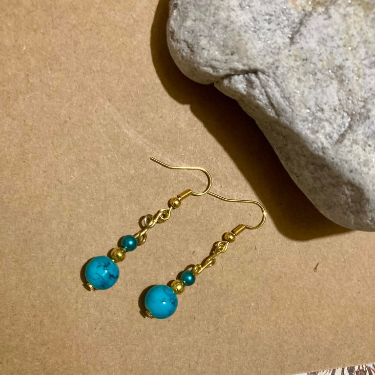 Gold Boho Earrings with Vibrant Turquoise Beads - Drop 1.25” Freepost