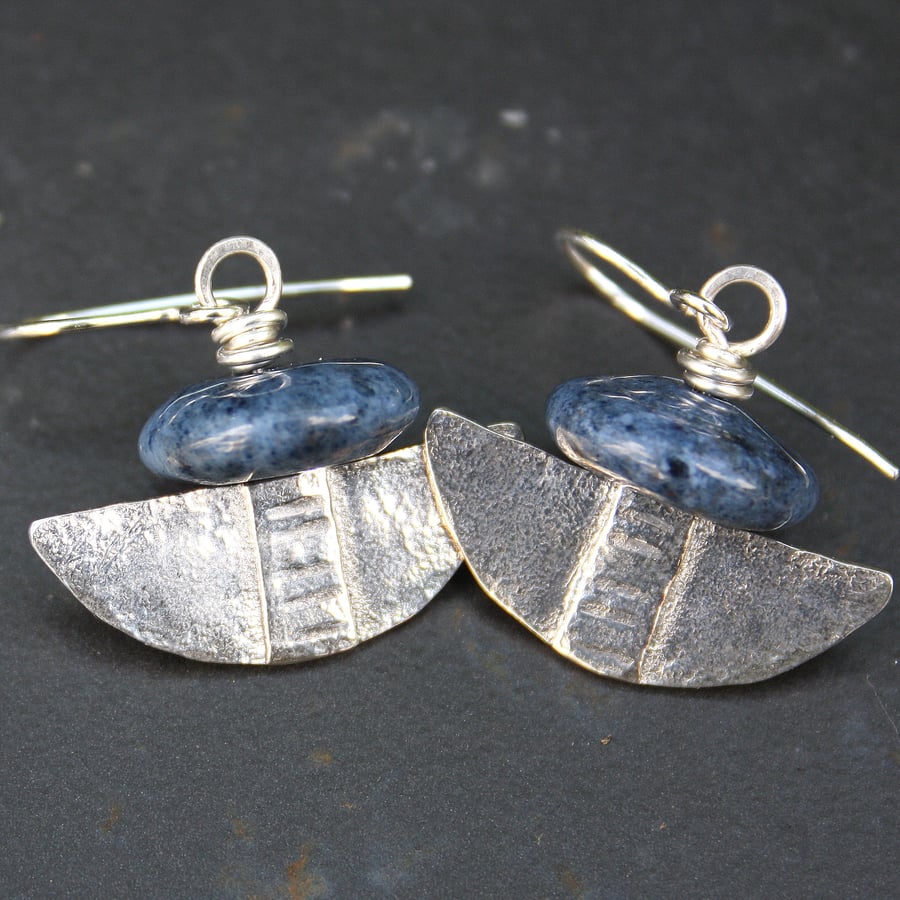 Silver and sodalite tribal blade earrings