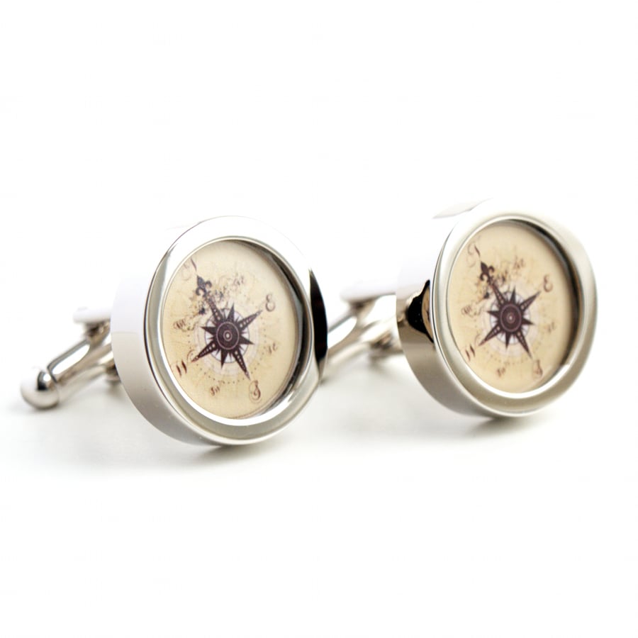 Steampunk Compass Cufflinks - Unique Vintage Style Nautical Silver Cufflinks