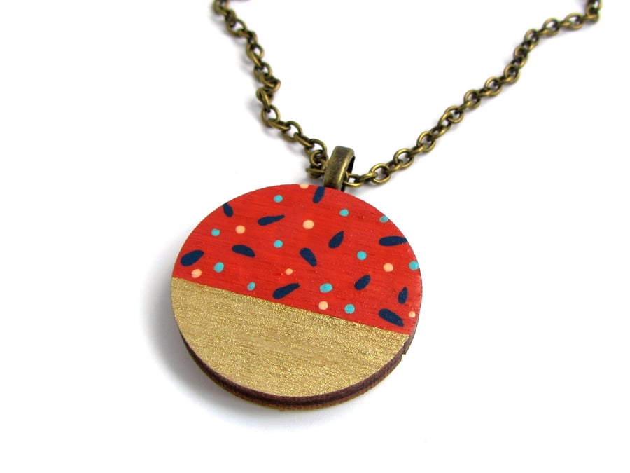 Tan Polka Dot Wooden Circle Necklace