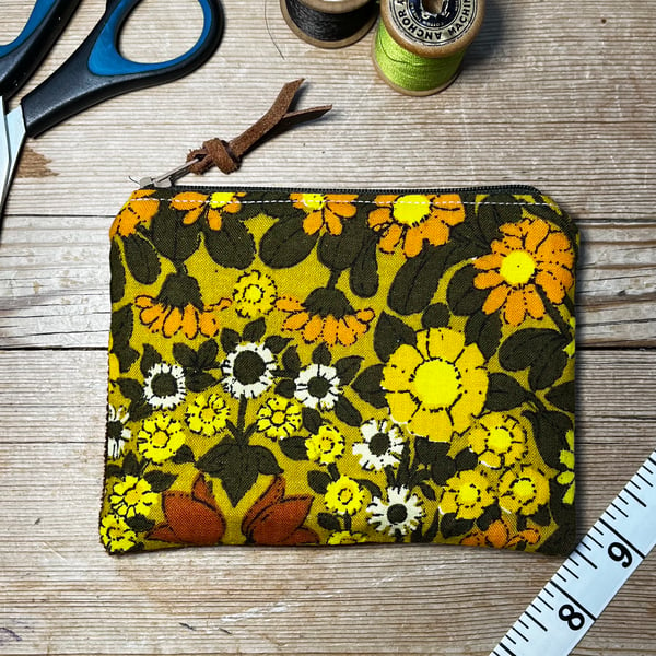 Bright retro print Daisy Chain cotton and tan corduroy coin purse small pouch