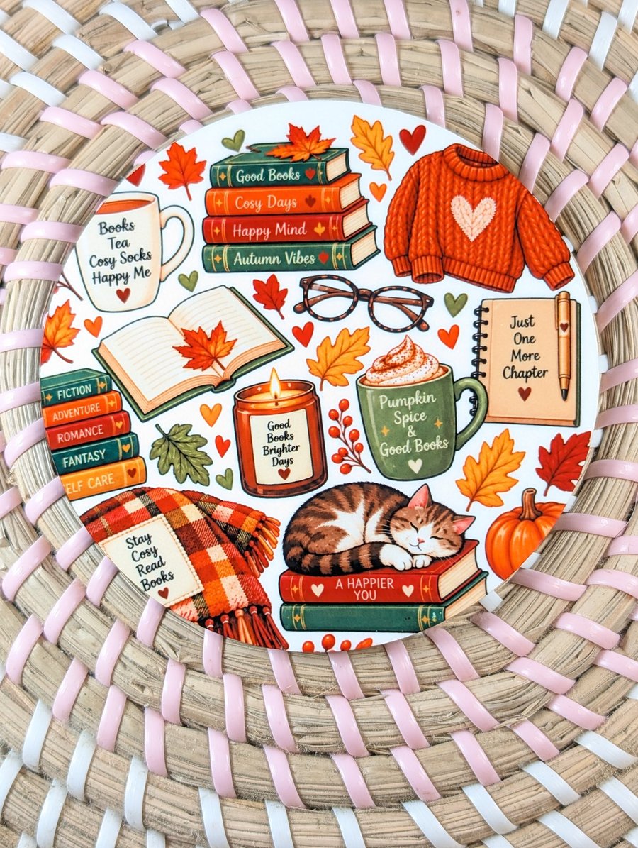 Cosy autumn reading inspired coaster, perfect cosy winter bookish gift