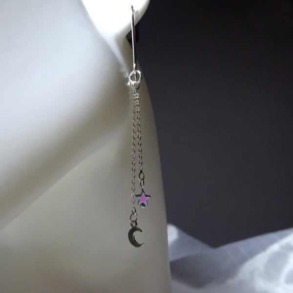 Sterling Silver Crescent Moon Earrings with Hematite Star
