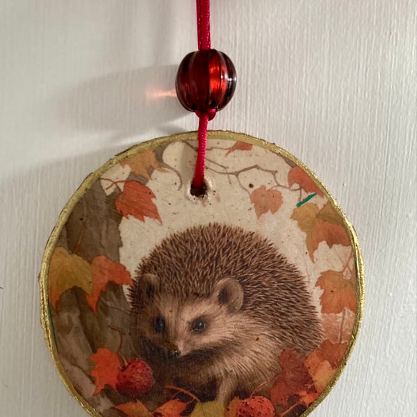 Hedgehog Autumn Wood Slice Hanging Decoration Handmade Woodland Animal