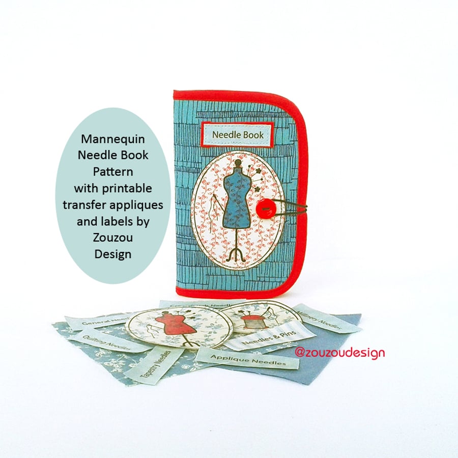 PDF Needle Book Sewing Pattern with Printable Transfer Labels and Appliques