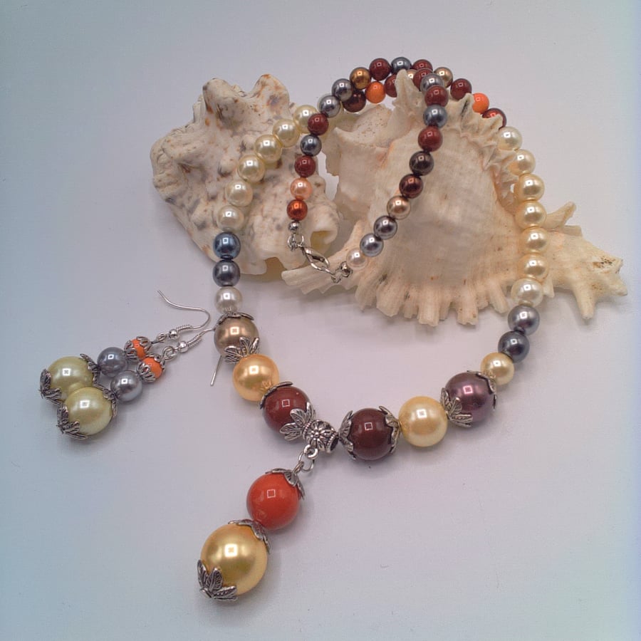 Multi Autumnal Colours Pearl Necklace and Earrings Set, Gift for Her, Gift Set