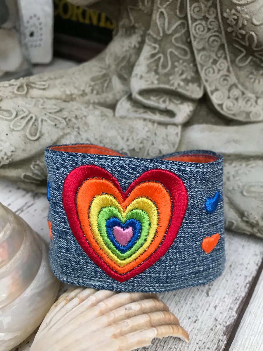Embroidered Rainbow Heart cuff bracelet Pride LGBTQ