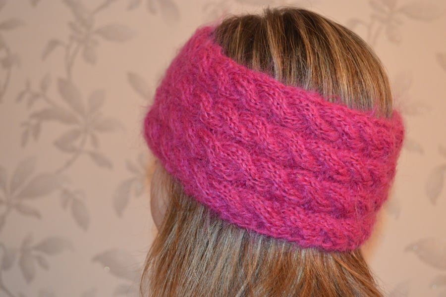 Mohair Wool Hand Knitted HEADBAND earwarmer Cable Knit in hot pink, fuchsia