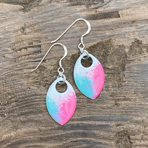 ‘Primula’ White, pink & turquoise enamel scale earrings. Sterling silver. 